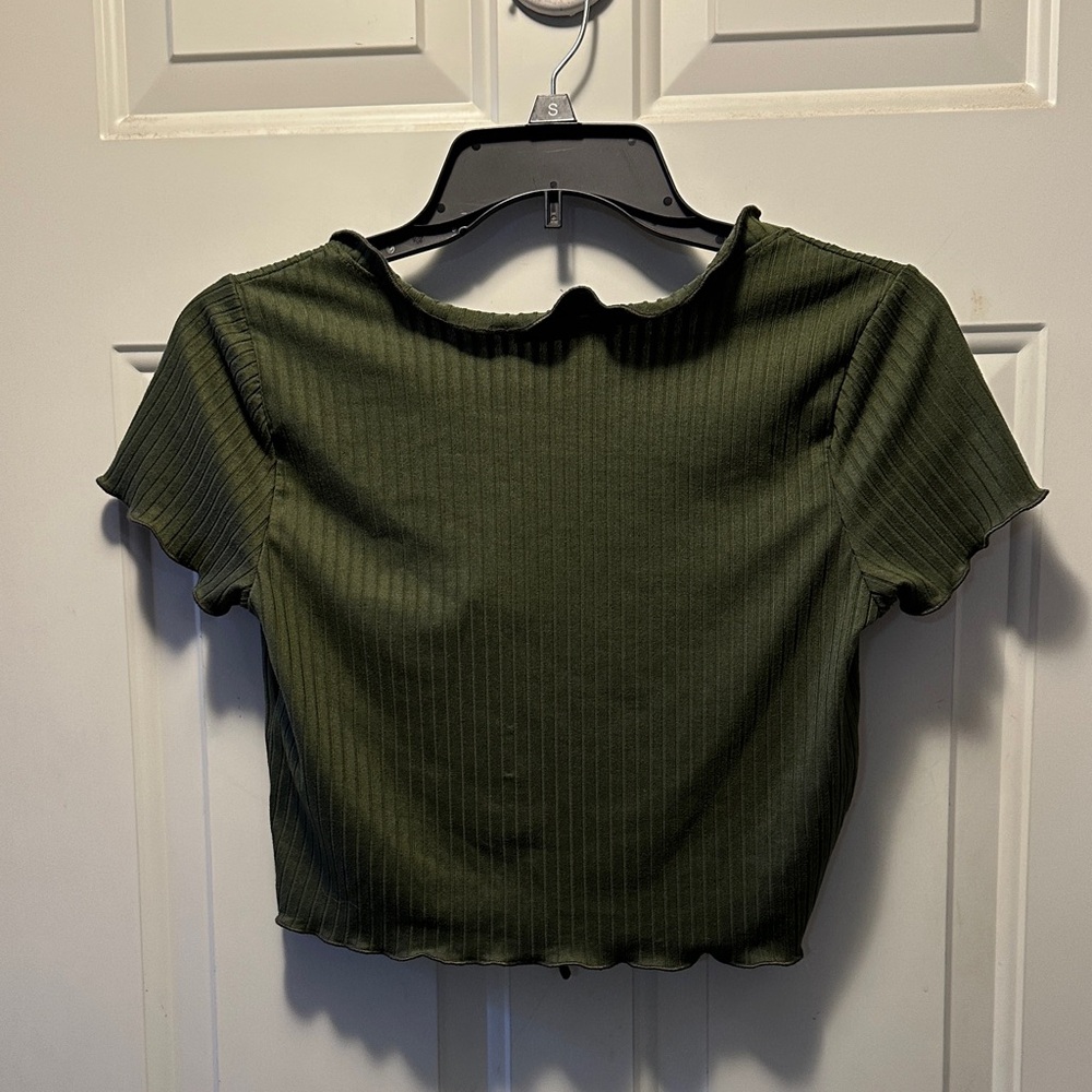 Olive Ribbed Tie-Front Top - Picture 3 of 4